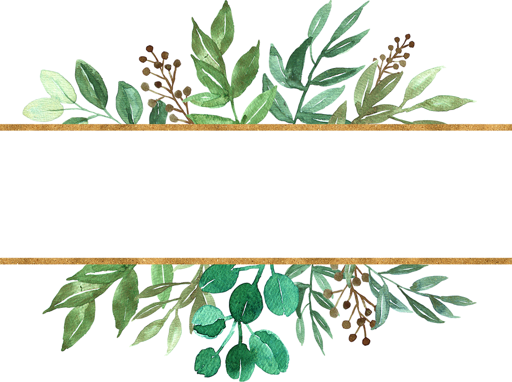 Green Leaves Frame with Gold Watercolor Illustration